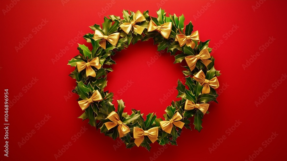 Christmas wreath with golden ribbons arranged in a circle on a red background