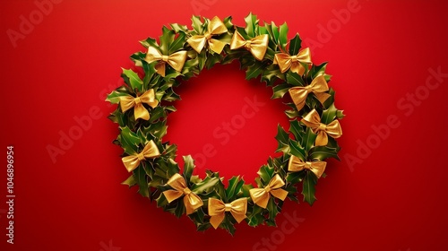 Obraz na płótnie Christmas wreath with golden ribbons arranged in a circle on a red background w salonie