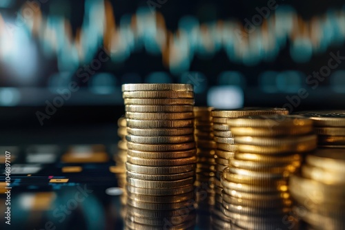 Stacks of gold coins on a table with a blurred financial chart in the background.