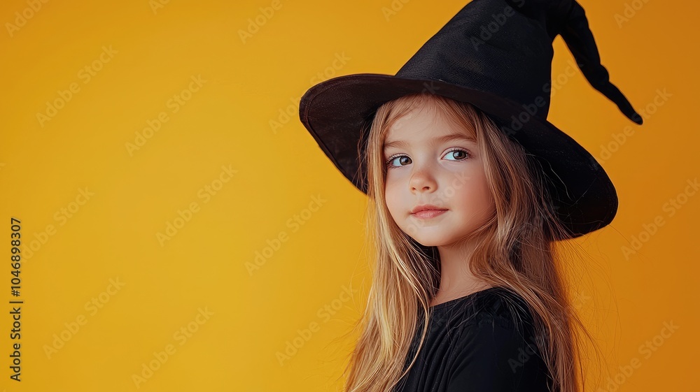 Young Girl Dressed as a Witch with a Black Hat and Long Blonde Hair Young Girl Dressed as a Witch with a Black Hat and Long Blonde Hair