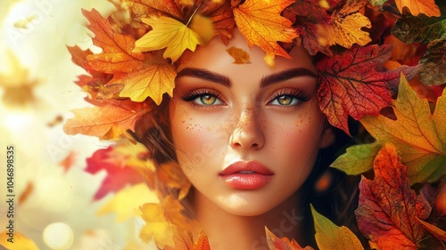 A Woman's Face Adorned with Vibrant Autumn Leaves