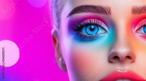 Woman with colorful makeup on her face. The makeup is bright and vibrant, and the woman's eyes are blue. The image has a fun and playful mood. artificial intelligence and derma cosmetic brands