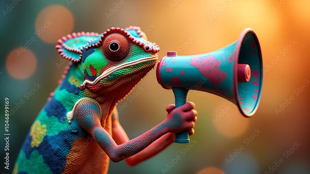 Fototapeta premium Colorful chameleon holding a megaphone against a vibrant bokeh background with warm and cool tones The scene is whimsical and lively 