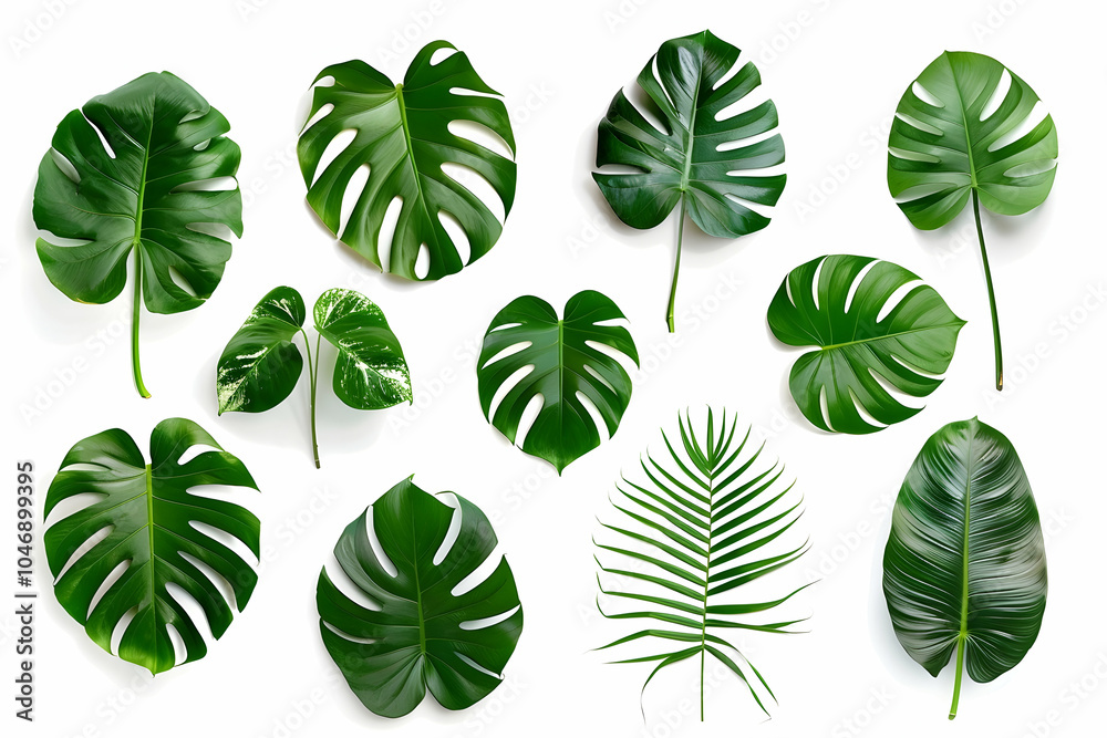 Naklejka premium Collection of green tropical leaves isolated on a white background.