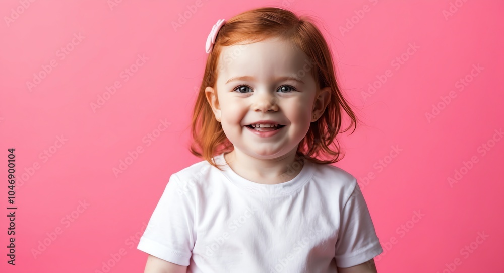 redhead toddler girl pink background wearing plain white tshirt smiling happy portrait redhead toddler girl pink background wearing plain white tshirt smiling happy portrait