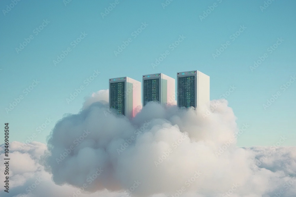 Isolated computer servers on a cloud in the sky. Concept of cloud storage and cloud computing Isolated computer servers on a cloud in the sky. Concept of cloud storage and cloud computing