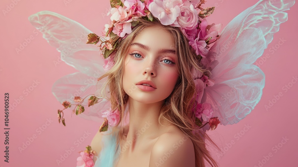 Woman with Flower Crown and Fairy Wings on Pink Background