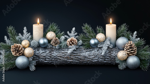 Glamorous Yule log display with glitter accents, featuring candles, pinecones, and ornaments, creates festive and cozy atmosphere for holiday season photo