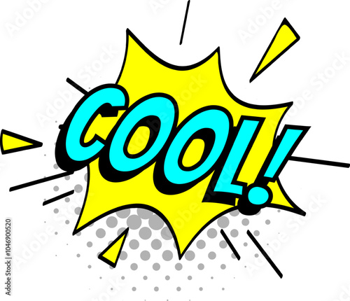 Vibrant yellow speech bubble with the word cool in turquoise, conveying a sense of excitement and enthusiasm in a comic book style
