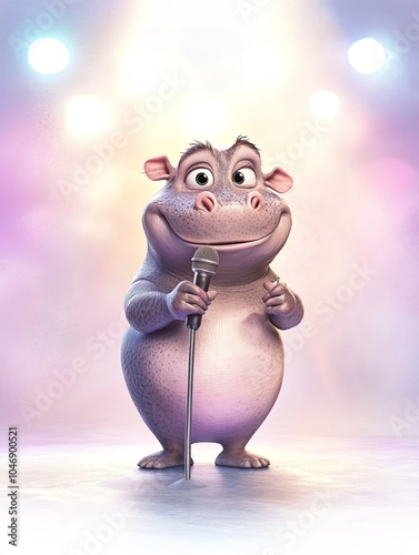 Animated hippo character performing on stage with a microphone photo