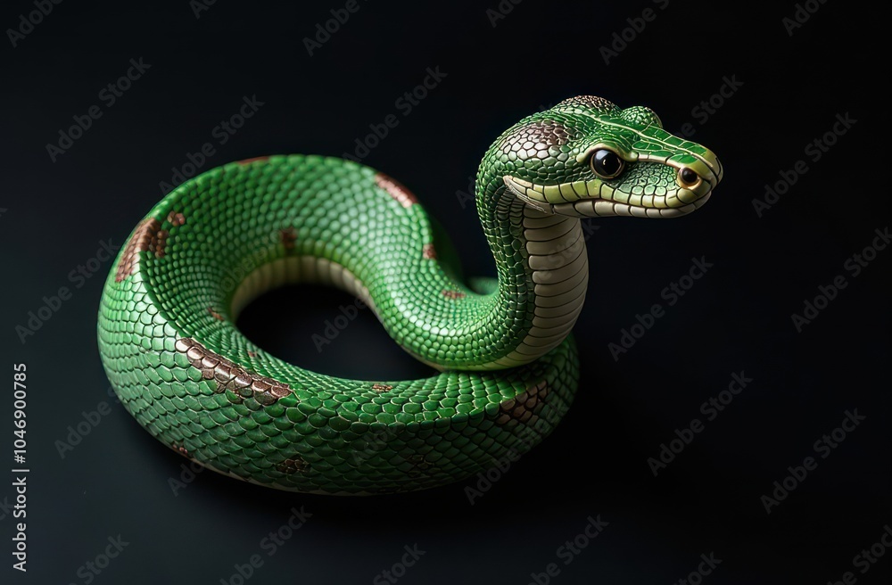 striking close-up of green snake with bronze stripe striking close-up of green snake with bronze stripe