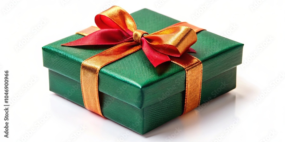 A Green Gift Box with a Golden Ribbon and Red Bow, Ready for the Special Occasion A Green Gift Box with a Golden Ribbon and Red Bow, Ready for the Special Occasion
