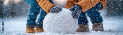 Children playing in the snow, making a snowball together with excitement and joy during winter. photo