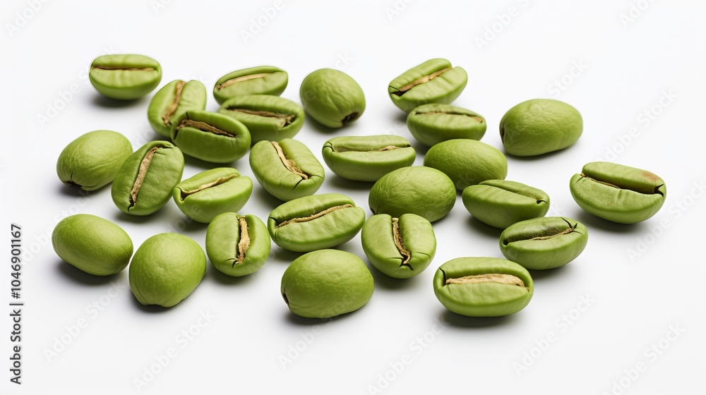 Raw green coffee beans arranged in a visually appealing manner on a light background Raw green coffee beans arranged in a visually appealing manner on a light background