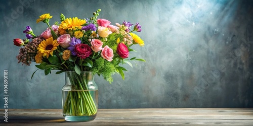 Fototapeta Naklejka Na Ścianę i Meble -  A vase with a bouquet of colorful flowers and greenery arranged in a elegant and modern style, gift ideas, arrangement, garden flowers, indoor decor