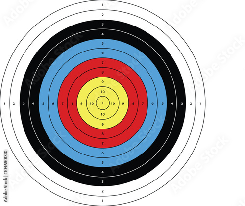 Archery Target Board Vector Illustration. vector archery target. Outdoor archery target in traditional colors - yellow, red, blue, black and white