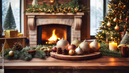 Christmas decorations adorn a wooden table with a fireplace centerpiece._1(201)