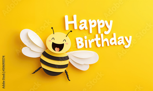 cute paper craft bee with happy birthday text on yellow background, generative ai