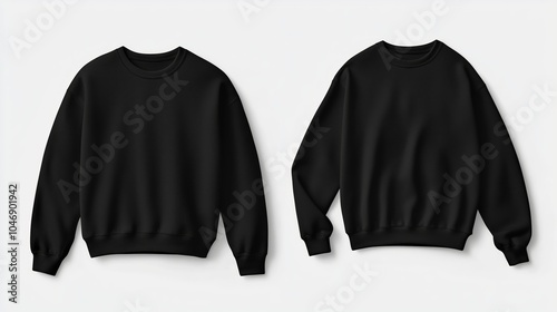 Two black sweatshirts displayed side by side on a plain background showing different styles and designs with a round neck and long sleeves, casual clothing for everyday wear photo