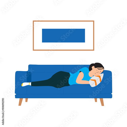 Hand draw woman sleeping in a blue couch on a white background