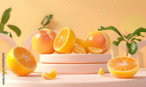 Fruit podium background product citrus beauty vitamin orange cosmetic lemon summer. Podium fruit health peach platform background concept stand presentation mockup plant display food juice scene stage