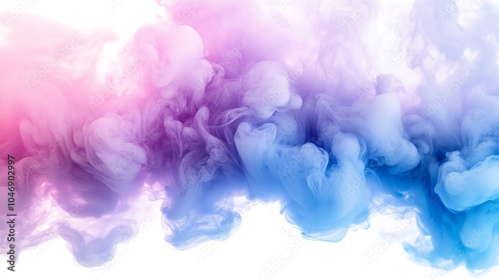 Acrylic color pigments and ink swirling in water. Abstract smoke against a white background with space for text. A whimsical ink cloud underwater featuring purple, blue, and pink hues. Acrylic color pigments and ink swirling in water. Abstract smoke against a white background with space for text. A whimsical ink cloud underwater featuring purple, blue, and pink hues.