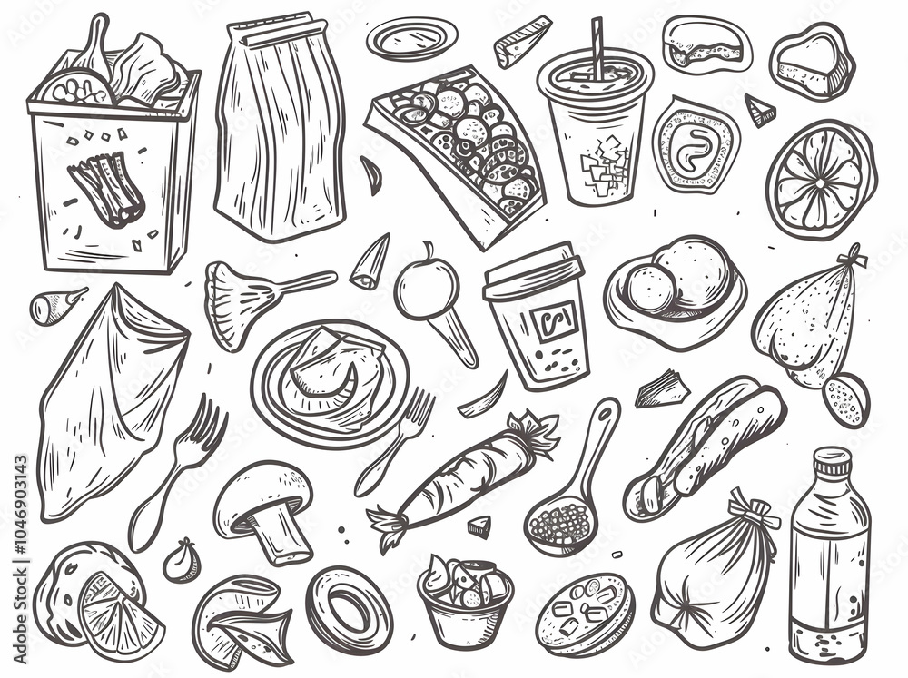 A collection of hand-drawn food and beverage illustrations in black and white. A collection of hand-drawn food and beverage illustrations in black and white.