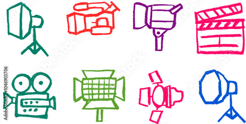 Filming Studio Equipment Icon Crayon Chalk Drawing Vector Set