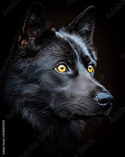 A captivating portrait of a black dog with striking yellow eyes, showcasing its beauty against a dark background. photo