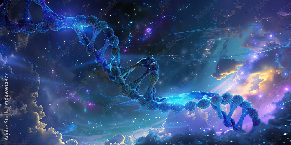 A surreal, dream-like vision of microscopic DNA, with strands of blue and purple winding through a swirling galaxy of stars and clouds, devoid of distractions. A surreal, dream-like vision of microscopic DNA, with strands of blue and purple winding through a swirling galaxy of stars and clouds, devoid of distractions.