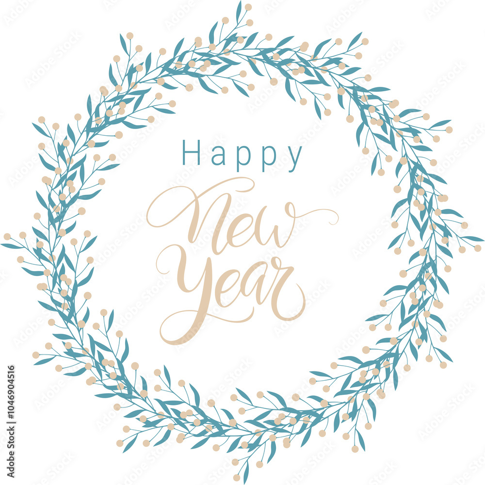 Happy New Year text lettering in round wreath of doodle branches of blue and beige colors with berries, PNG. Happy New Year text lettering in round wreath of doodle branches of blue and beige colors with berries, PNG.