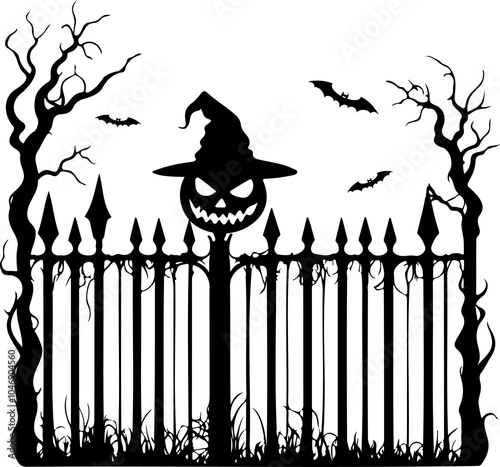 Scary pumpkin head in hat, put on Halloween old cemetery fence, black silhouette PNG
