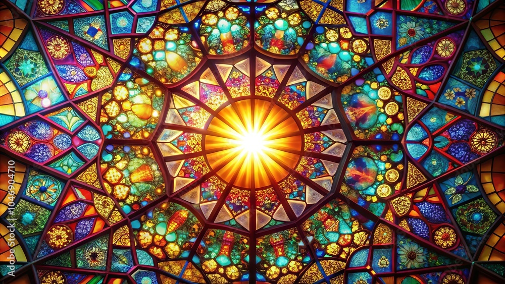 A radiant light source shines through a stained glass ceiling, casting colorful patterns on the surface below. A radiant light source shines through a stained glass ceiling, casting colorful patterns on the surface below.