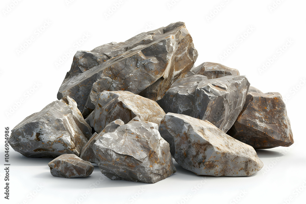 A pile of grey and brown rocks isolated on a white background. A pile of grey and brown rocks isolated on a white background.
