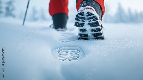 Footprints in fresh snow illustrating winter exploration and outdoor adventure. photo