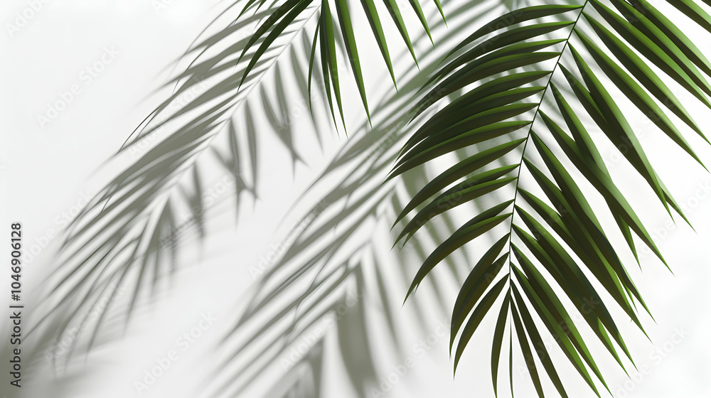 Obraz premium Palm leaves casting shadows on white background.