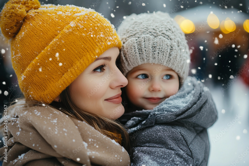 Generative AI image of joyful winter Christmas fair with snow falling festive lights, perfect for holiday and celebration themes Generative AI image of joyful winter Christmas fair with snow falling festive lights, perfect for holiday and celebration themes