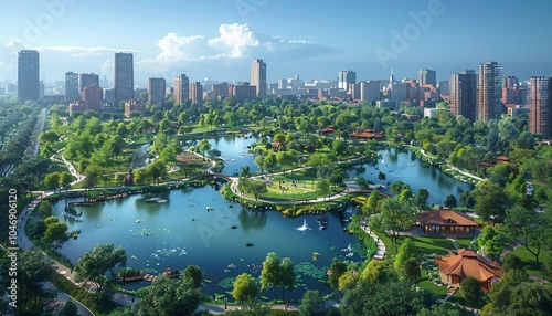 Urban Park and Recreational Space, virtual plan for an expansive urban park that integrates nature into the cityscape. Include sports facilities,