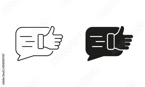 Customer Review Sign. Good Feedback Line and Silhouette Icon Set. Thumb Up With Speech Bubble Pictogram. Positive Communication Symbol. Editable Stroke. Isolated Vector Illustration