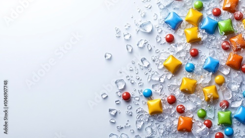 Red, yellow, blue, orange, and green round and square candies are lying among pieces of ice on a solid white background photo