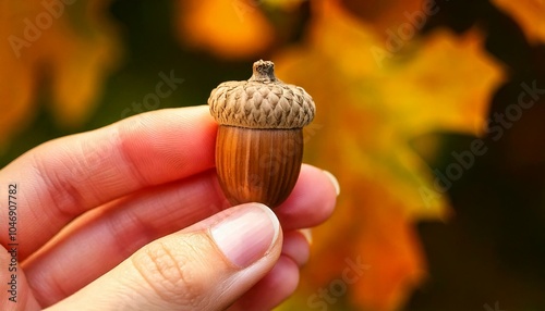 Close-up of a hand holding an acorn with autumn leaves in the background, no faces
