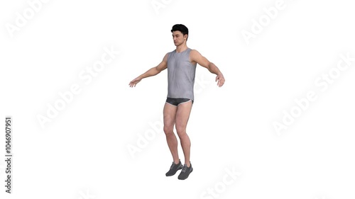 3D render : a male character is jumping jacks with the isolated white background, 45 degrees front view