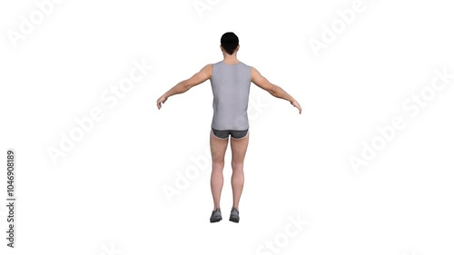 3D render : a male character is jumping jacks with the isolated white background, back view