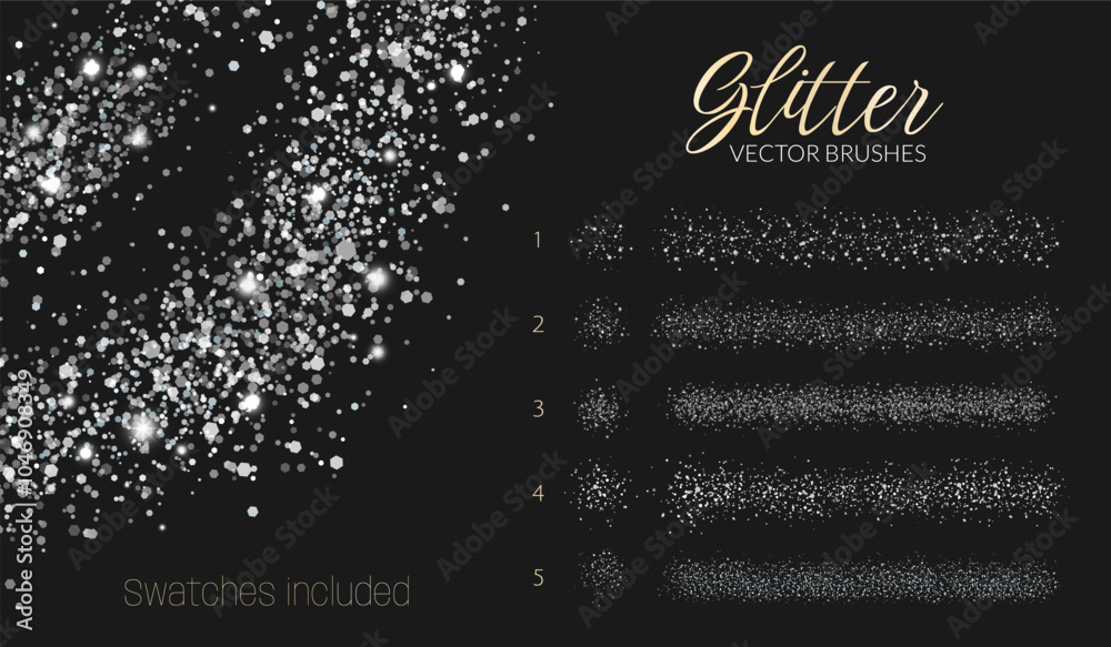 Glitter scatter brushes. Abstract silver strokes. Creative design kit with sparkle effect, shiny grunge texture, grain, paint splash. Swatches included. Editable size. White lines with shimmer.