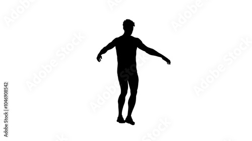 3D render : a silhouette male character is jumping jacks with the isolated white background, 45 degrees back view
