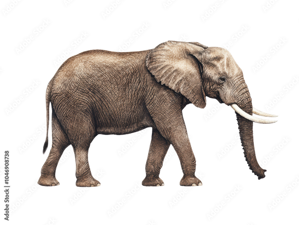 Fototapeta premium A realistic illustration of an elephant walking, showcasing its large size and distinct features against a black background.