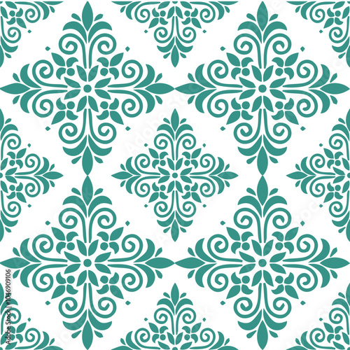 Seamless vintage damask pattern in a classic teal and white color palette. Intricate, repeating design featuring ornate scrolls and floral motifs. Ideal for adding a touch of elegance to various desig
