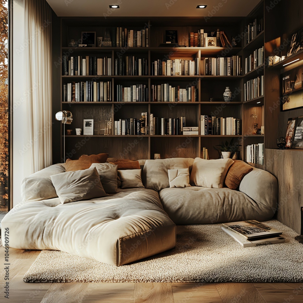 Cozy modern living room with a library corner, comfy reading nook modern living room cozy library. Cozy modern living room with a library corner, comfy reading nook modern living room cozy library.