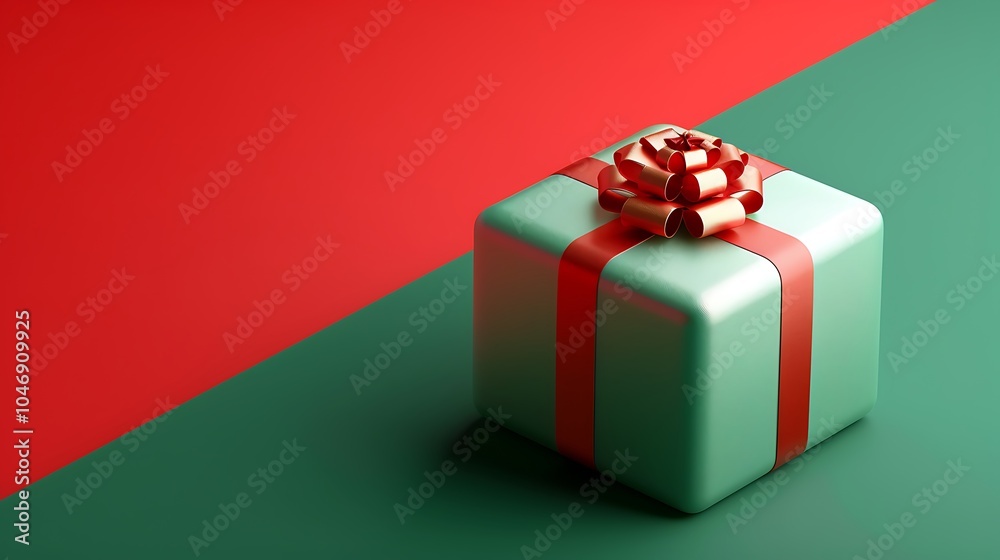 3D Festive Gift Box with Red Ribbon and Bow. Christmas Theme. 3D Festive Gift Box with Red Ribbon and Bow. Christmas Theme.