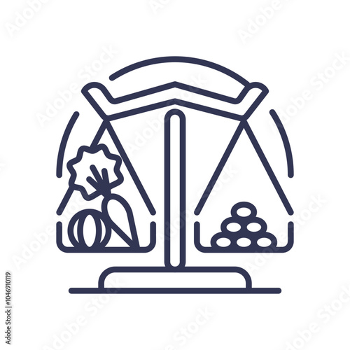 A balance scale with vegetables and coins symbolizes equity in resource distribution.